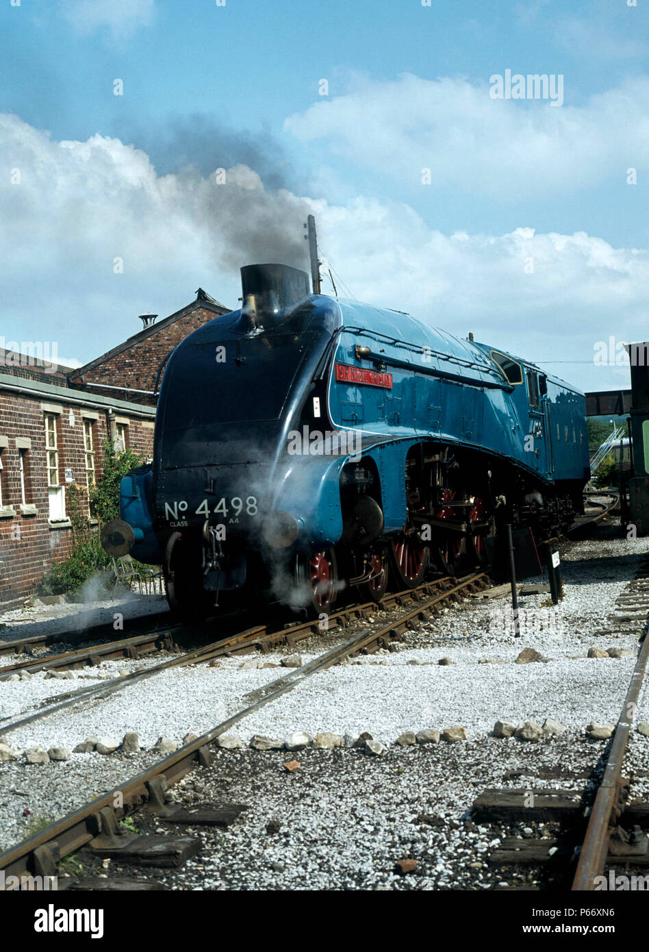 Carnforth Yard, 4498 Sir Nigel Gresley heads down to the turn table prior to working the Cumbrian Coast Express. 08.07.1980. Stock Photo