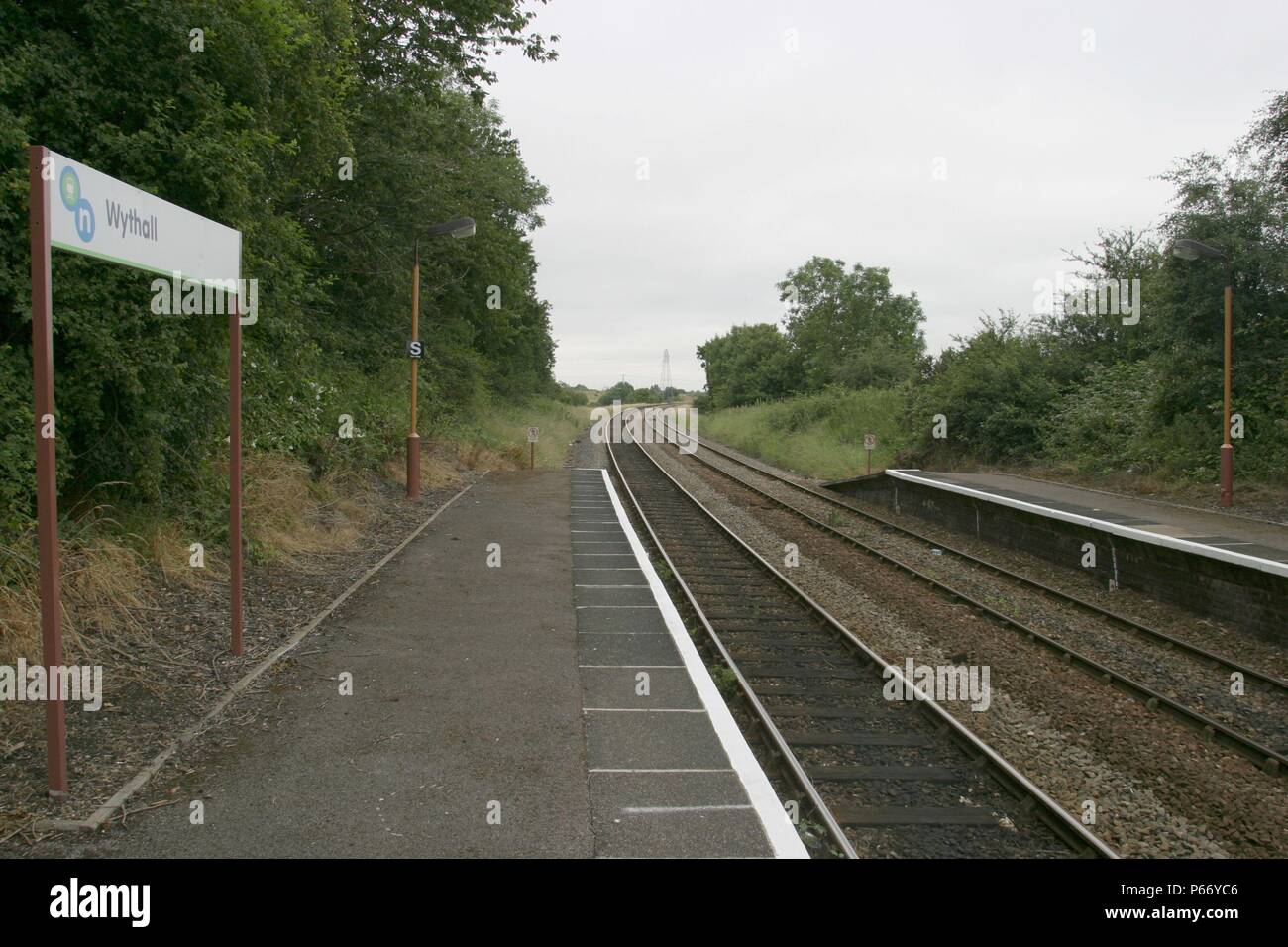 Platform end view at Wythall station, Worcestershire, showing platform