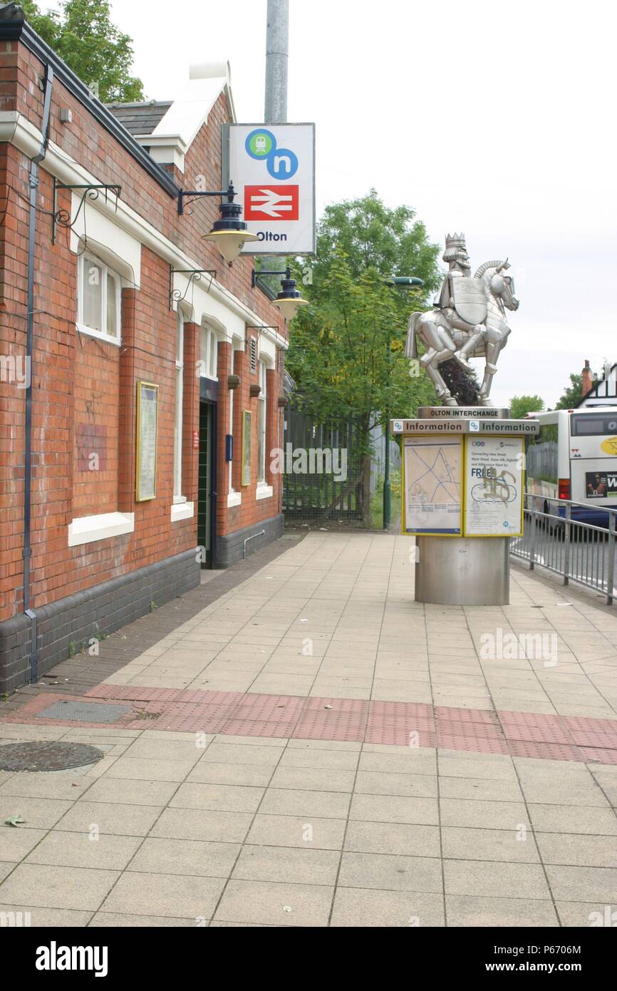 Station frontage showing signs, lighting and statue at Olton station, Birmingham. 2007 Stock Photo