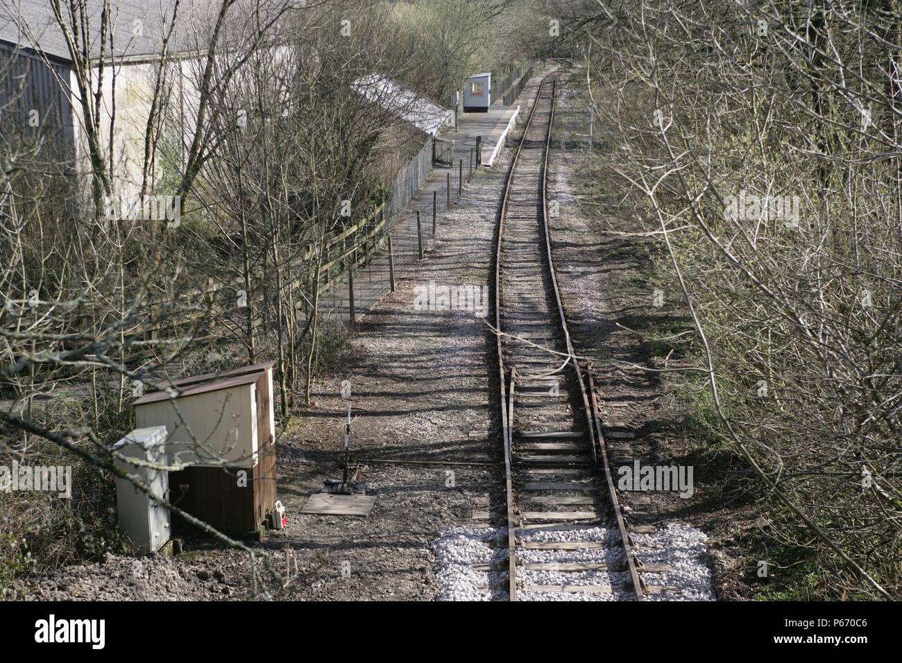 The disused gound frame at Coombe station on the Liskeard to Looe branch line, Cornwall, with the station in the background. 2006 Stock Photo