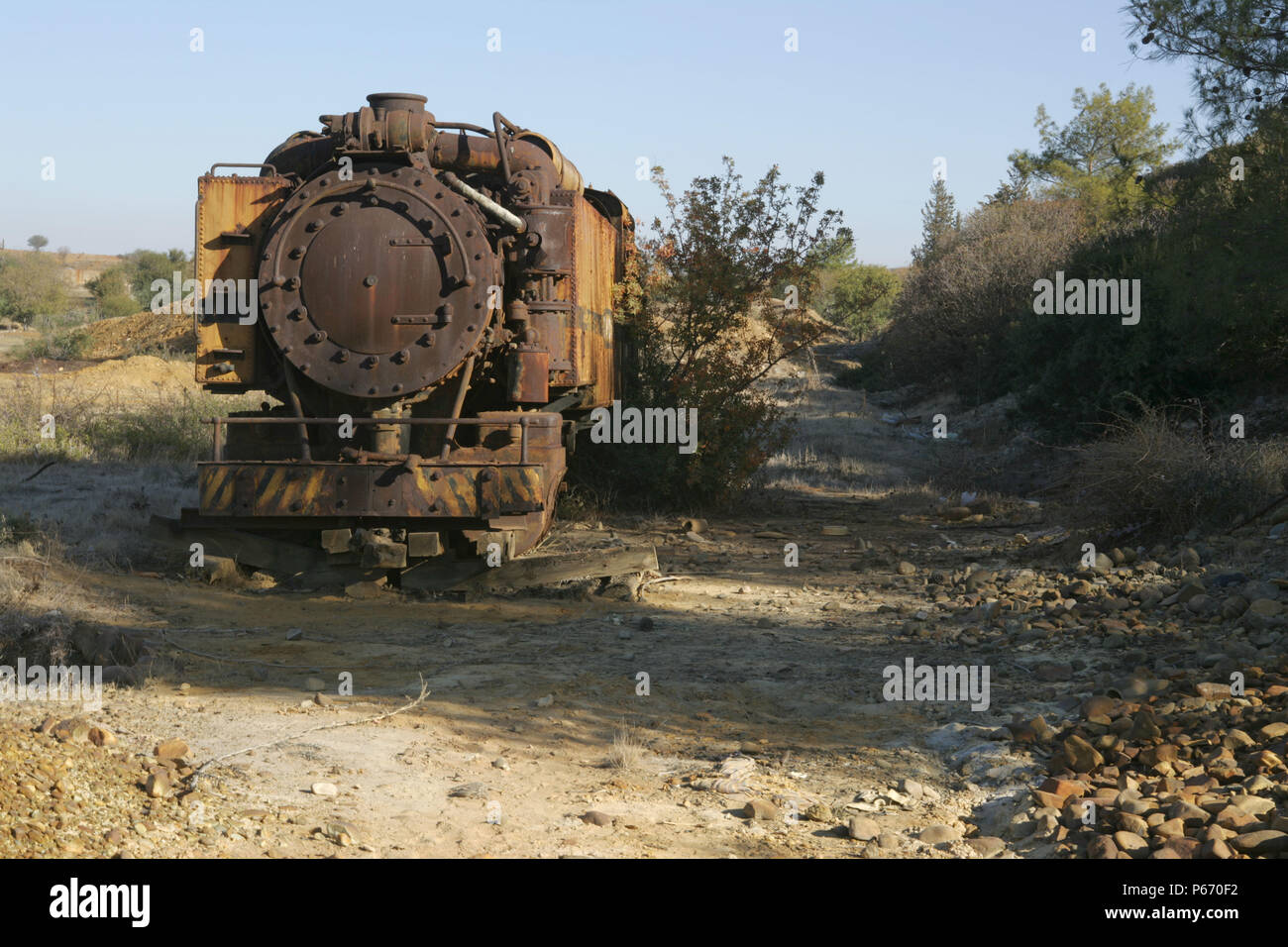 The former Cyprus Cyprus Mining Corporation's massive 0-8-2T, No.4, which has lain abandoned in the old workings for some 40 years. This superb engine Stock Photo
