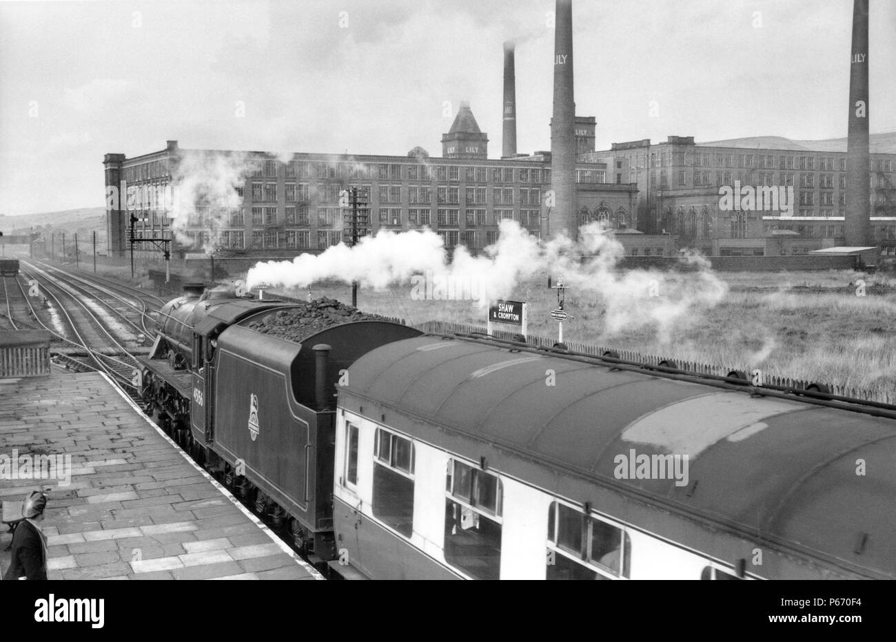 The former L&Y station at Shaw and Crompton, looking north on 29th August 1957. A passenger special from Blackpool to Oldham and Rochdale is headed by Stock Photo