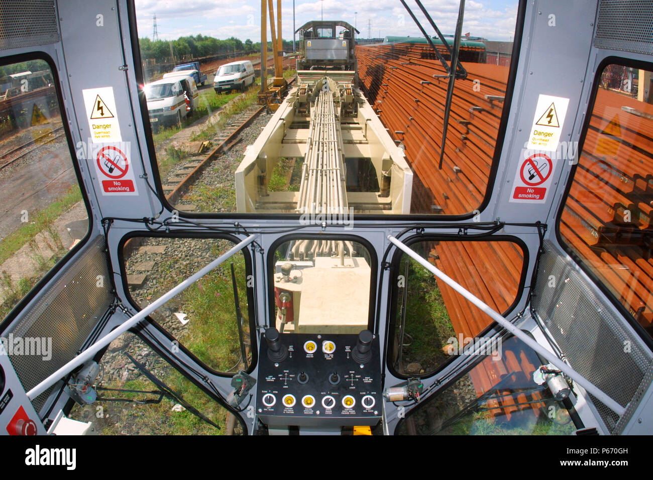 The interior of a Network Rail cab of a Rail Grinder machine at Corus Rail, Castleton. UK.  April 2003. Stock Photo