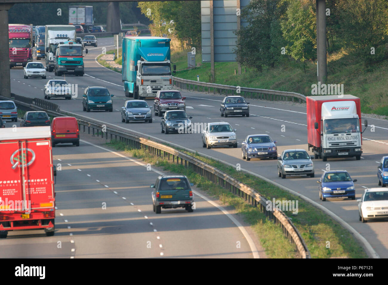 Traffic on the M1 motorway in Leicestershire, England. October 2004. Stock Photo
