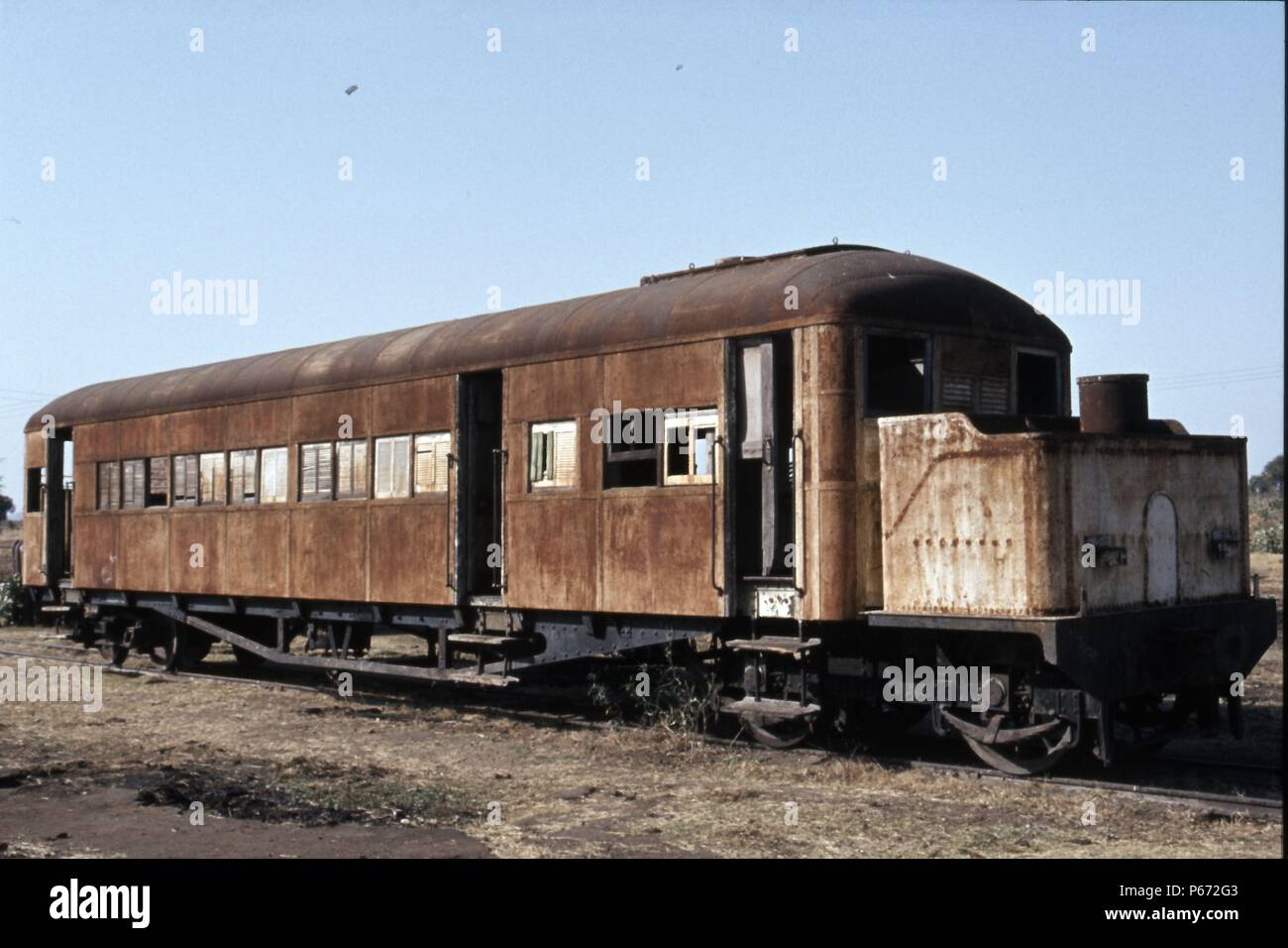 A steam railcar built by Clayton of Lincoln for the Sudan lies out of use at Damazeen on Wednesday 12th January 1983. Stock Photo