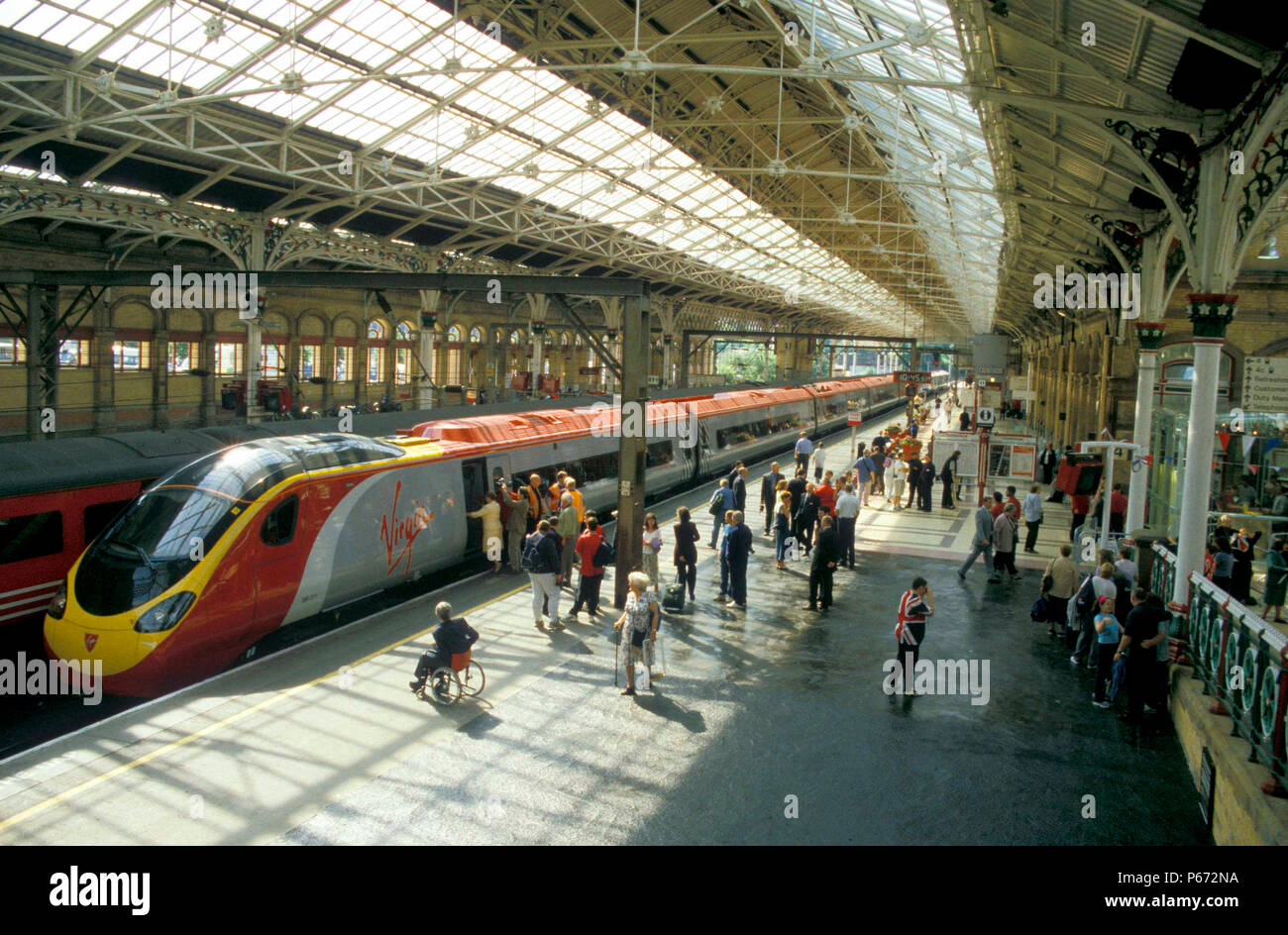 A Virgin Trains Pendolino is seen here at Preston station. 2003. Stock Photo