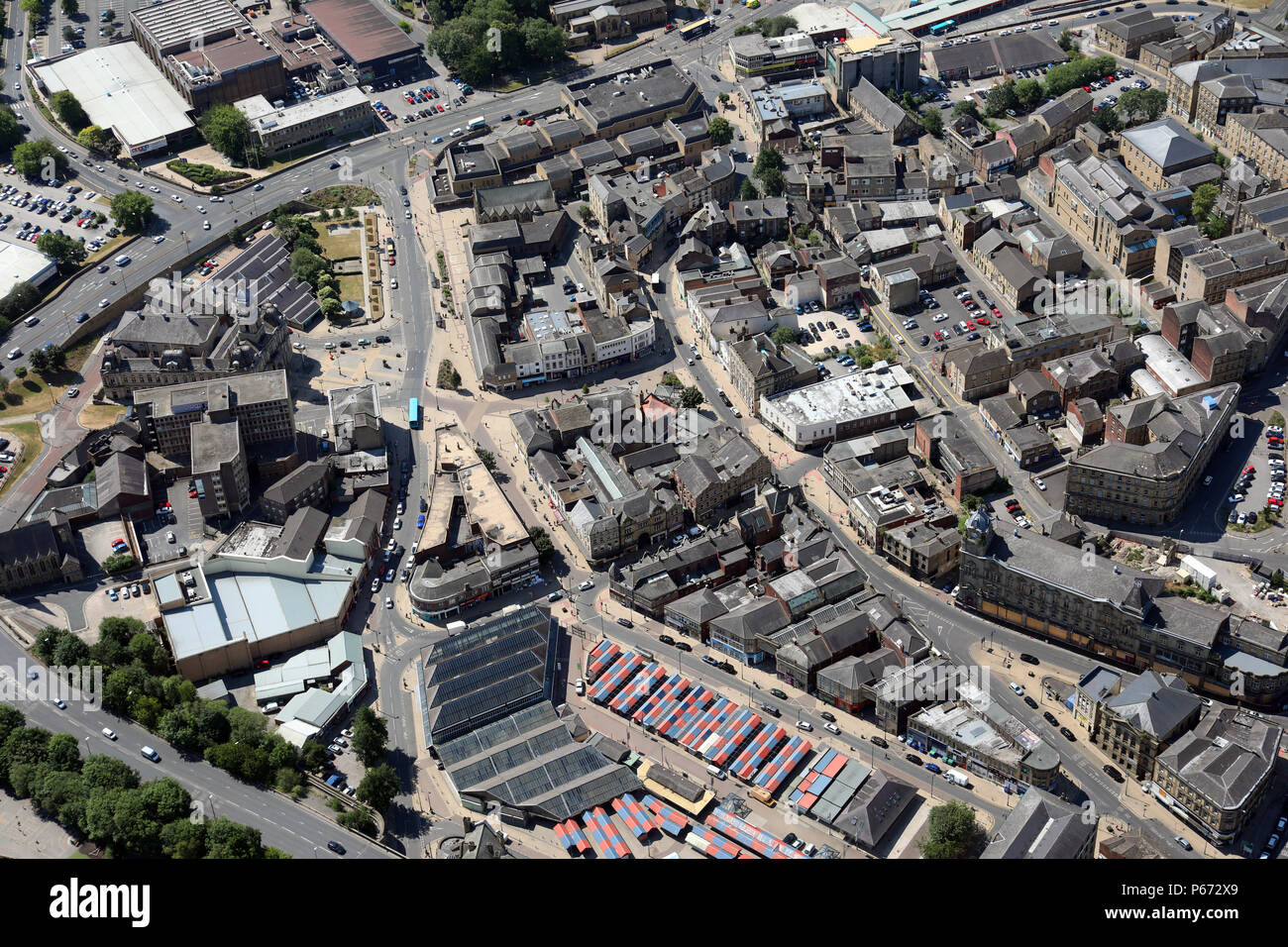 aerial view of Dewsbury town centre, West Yorkshire Stock Photo
