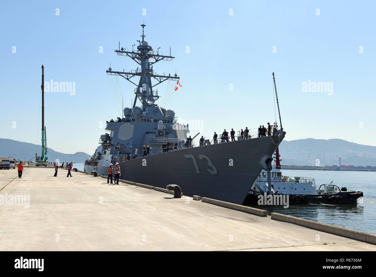 160517-N-WT427-076  BUSAN, Republic of Korea (May 17,  2016) USS Decatur (DDG 73) arrives at the Republic of Korea (ROK) Fleet headquarters in Busan for a planning conference and routine port visit. Decatur, along with destroyers USS Momsen (DDG 92) and USS Spruance (DDG 111), are deployed as part of a U.S. 3rd Fleet Pacific Surface Action Group (PAC SAG) under Destroyer Squadron (CDS) 31. (U.S. Navy photo by Mass Communication Specialist 3rd Class Jermaine M. Ralliford/RELEASED) Stock Photo