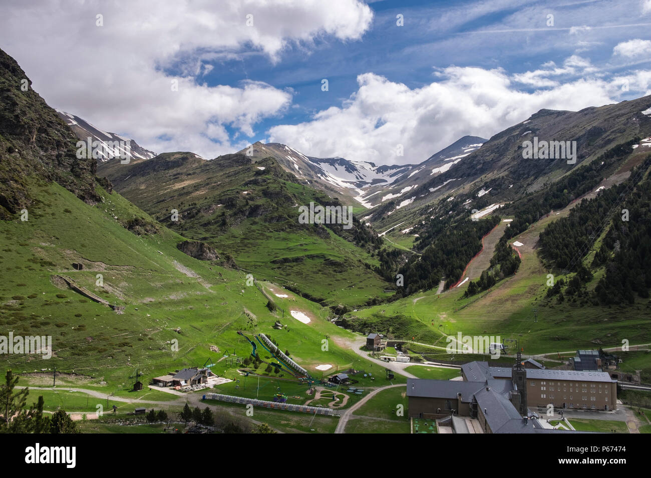 Views over the Vall de Nuria valley in the Pyreneean mountains, Catalonia, Spain Stock Photo