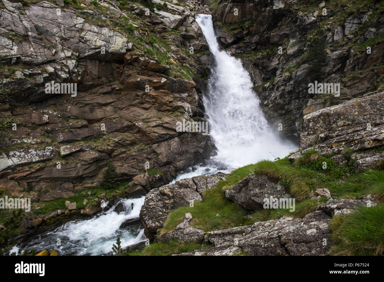 La Cua de Cavalt, Horses Tail, waterfall on the Rio de Nuria river in the Vall de Nuria flowing strongly full of water in the Pyreneean mountains, Cat Stock Photo