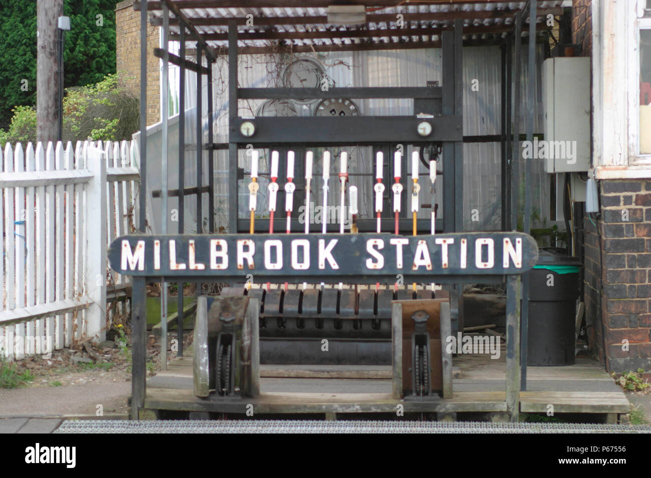 The outdoor goundframe operating signals at Millbrook on the Bedford to Bletchley line. June 2004 Stock Photo