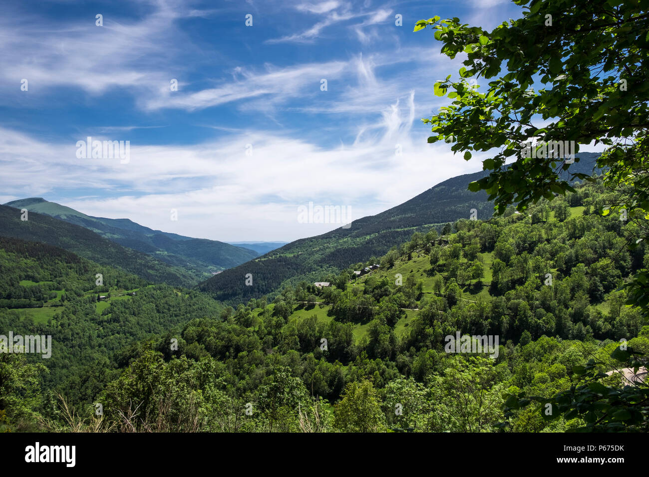 View down the Vall de Nuria towards Queralbs, Pyrenees, Catalonia, Spain Stock Photo