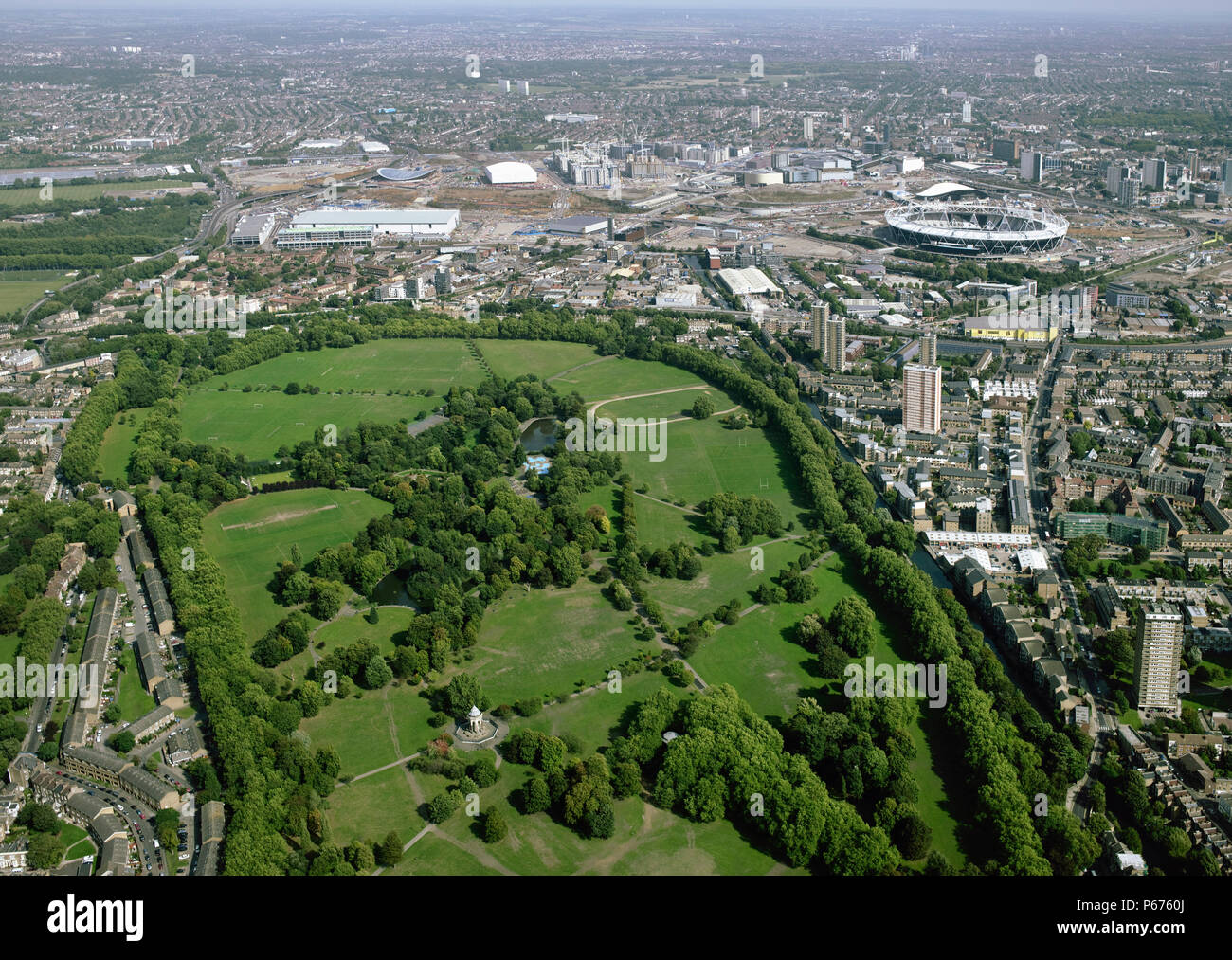 Aerial view of Victoria Park and the Olympic site, London, UK Stock