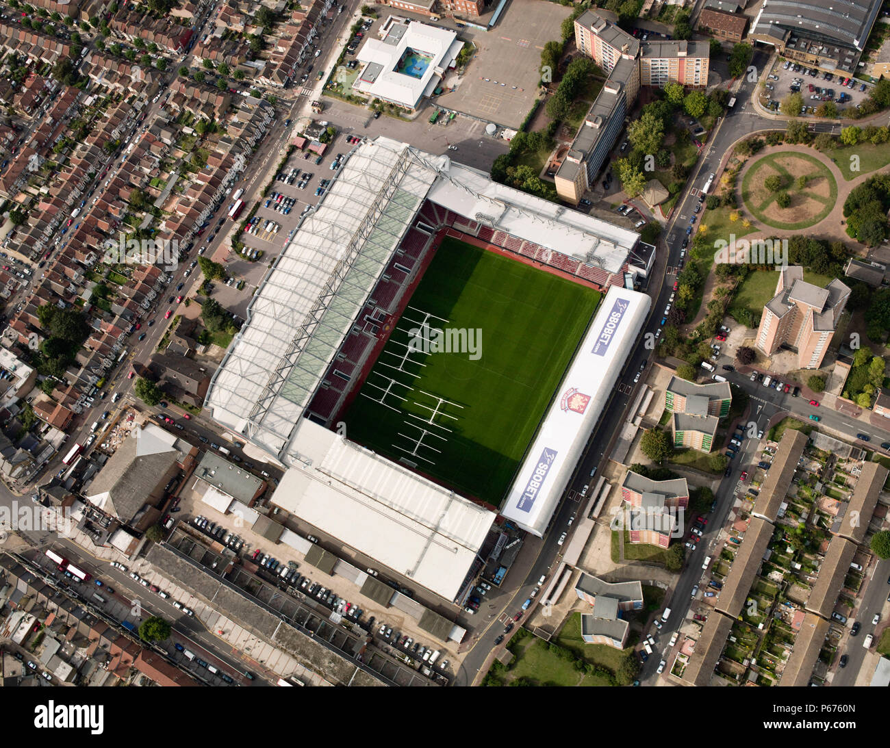 Aerial view of West Ham Football Stadium, East London, UK Stock Photo