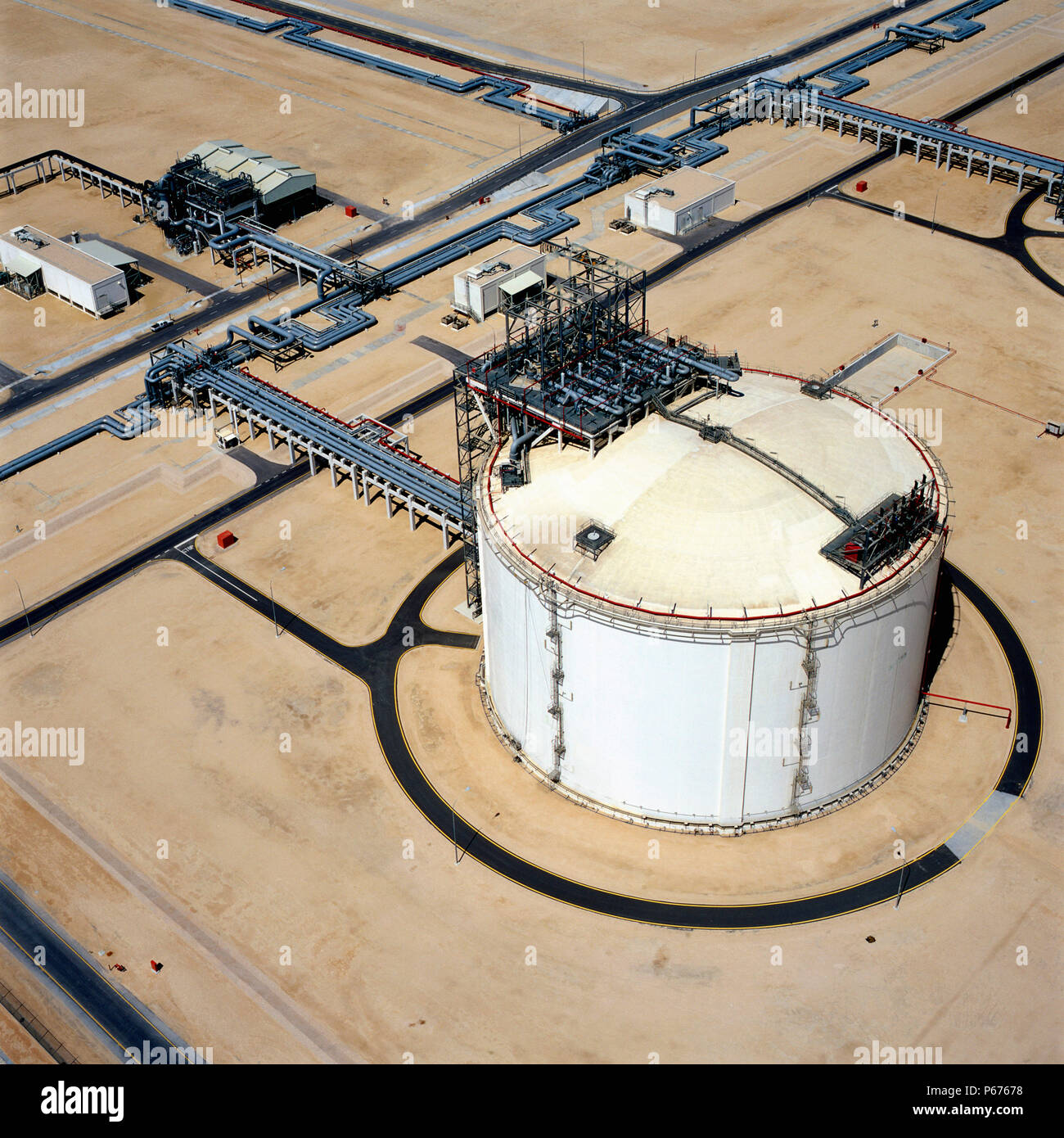 Aerial view LNG Storage tank in Qatar Liquid Natural Gas refinery near