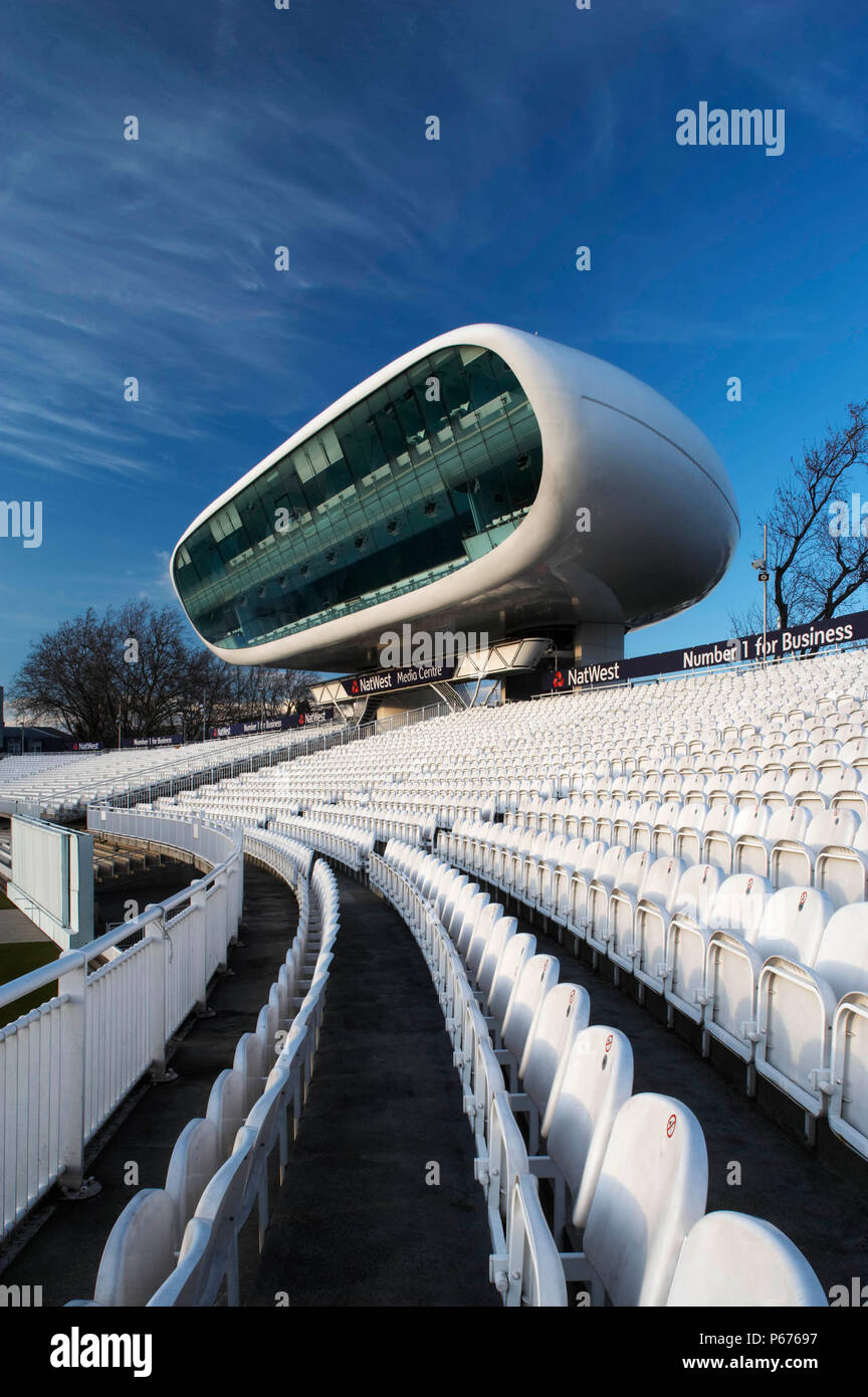 External view of the Lords cricket ground media centre taken from seated stands, London, UK Stock Photo