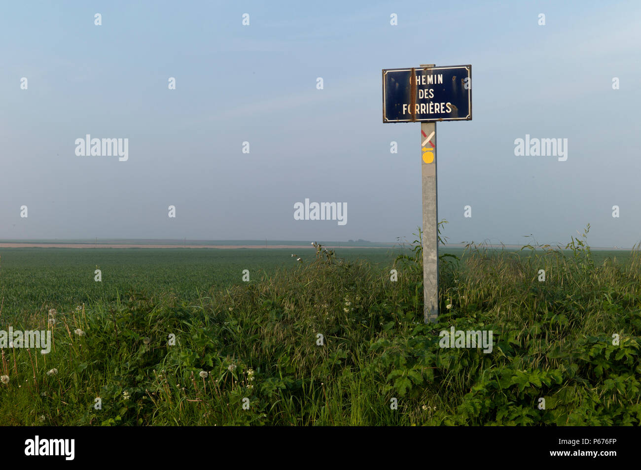 Rusty road sign in field, Normandy, France Stock Photo