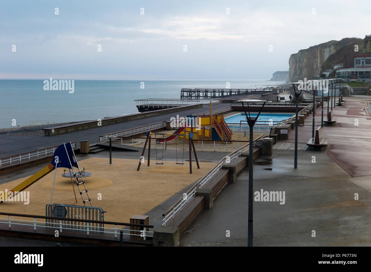 Empty seaside playground, Veules-les-Roses, Normandy, France Stock Photo