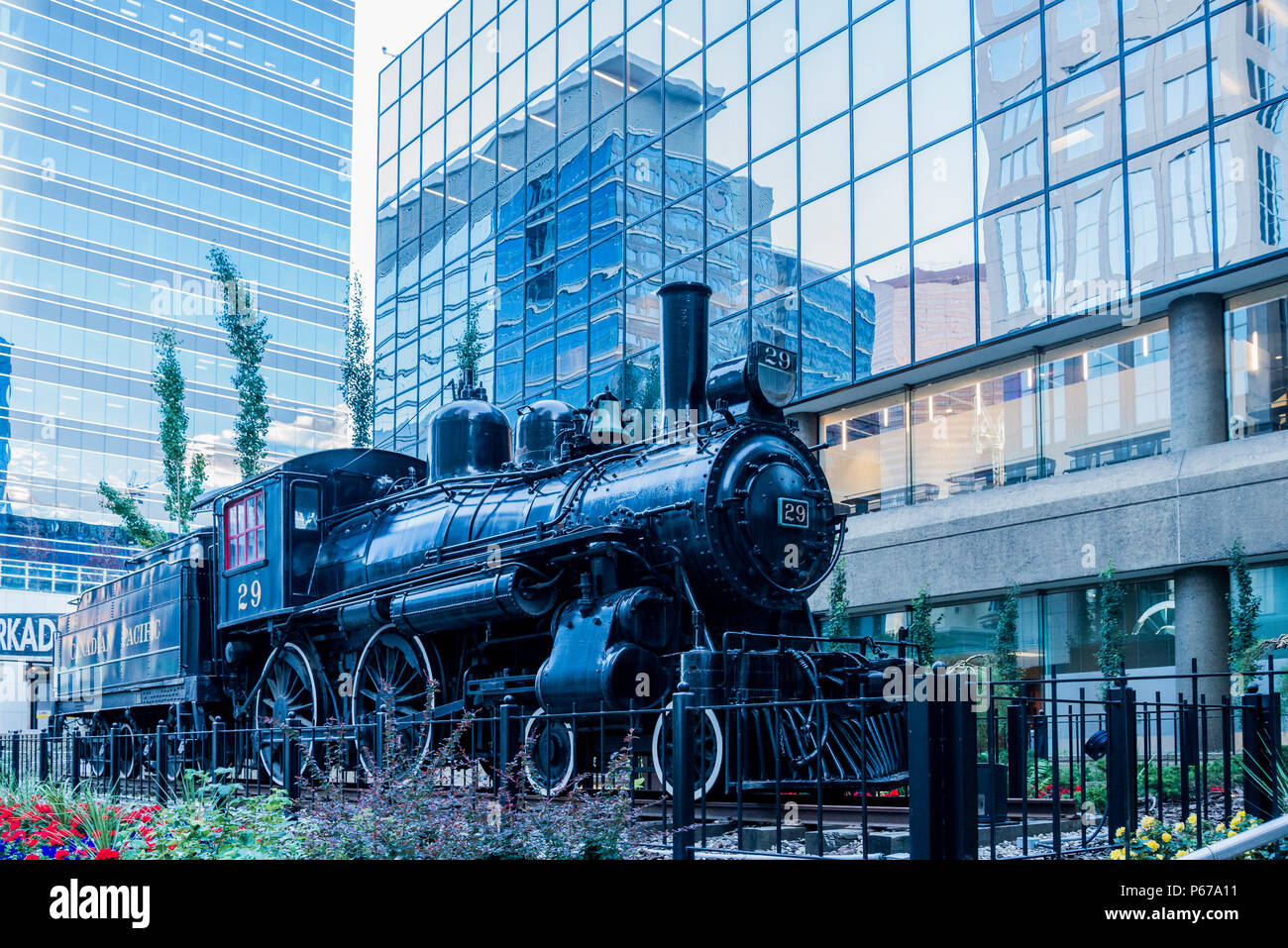 Heritage Canadian Pacific steam locomotive, Gulf Canada Square, Calgary, Alberta, Canada Stock Photo