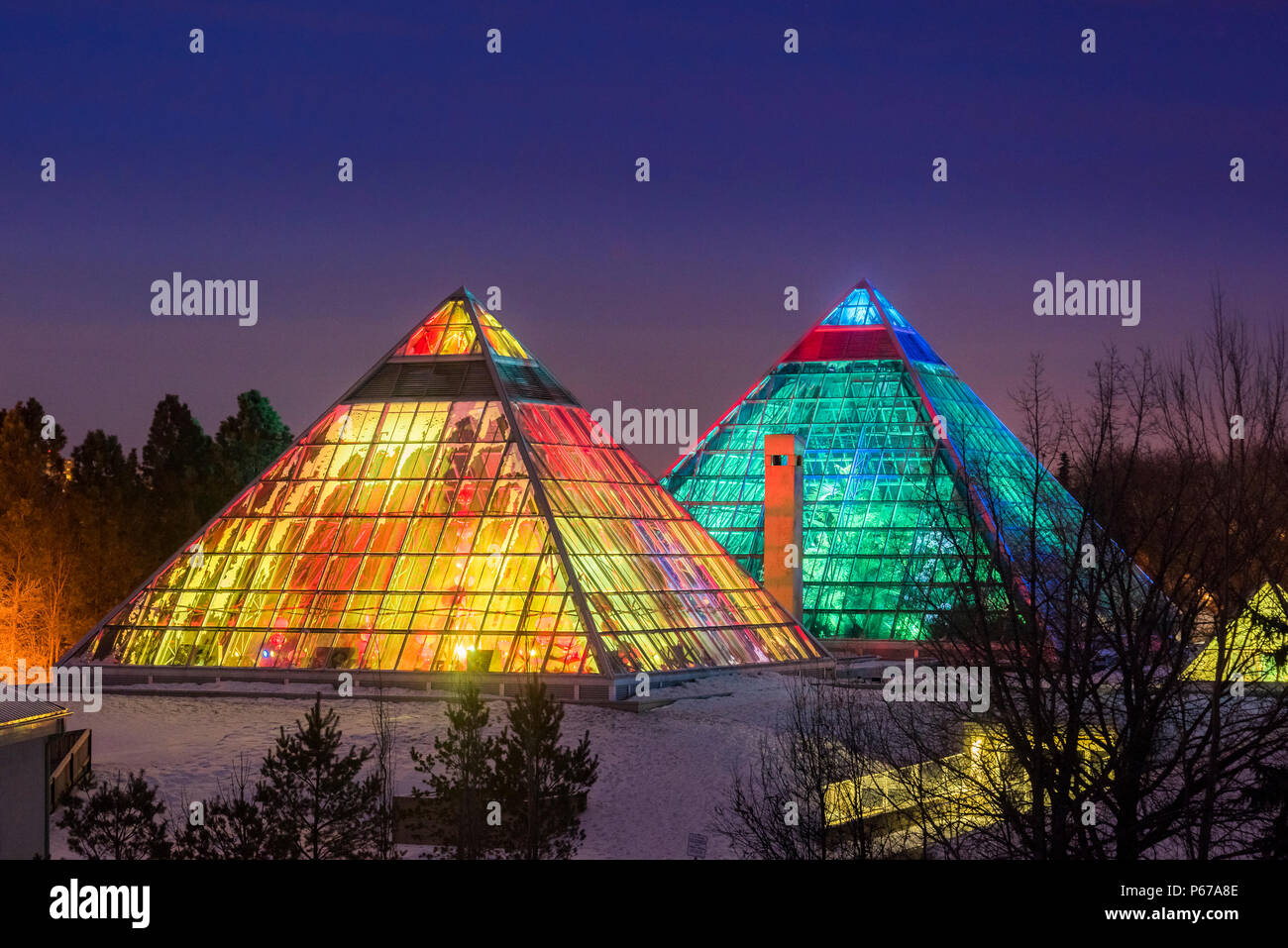 Illuminated Muttart Conservatory pyramids, a Botanical Garden in Edmonton, Alberta, Canada Stock