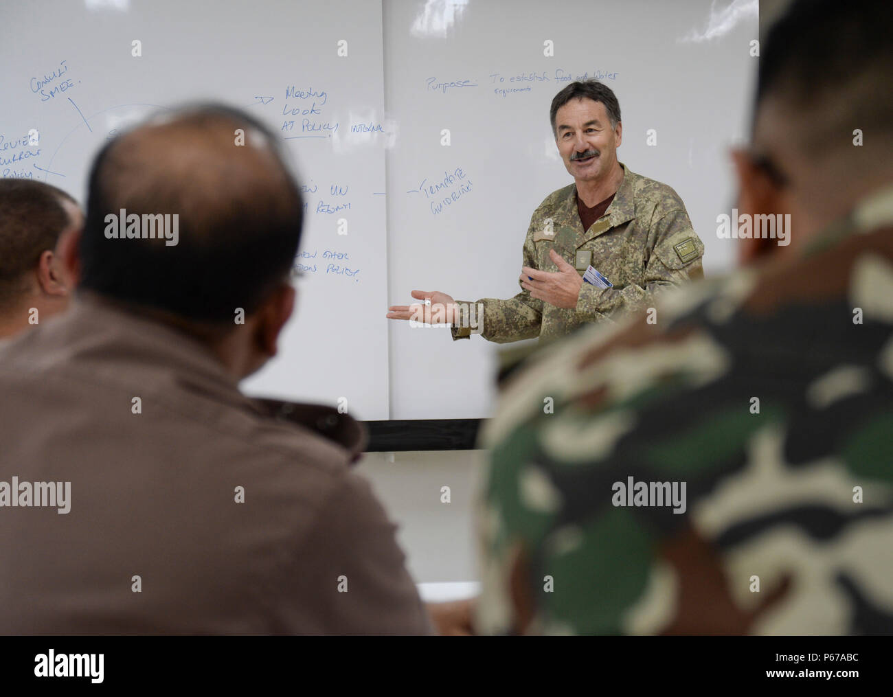 160525-N-GI544-100 PANCHKHAL, Nepal (May 25, 2016) – Maj. Jim Josephs, assigned to J5-H Joint Operational Health Group, New Zealand Defense Force, speaks during a seminar on force health protection in peacekeeping operations between the U.S., New Zealand, Nepalese and Bangladeshi military medical professionals at the Birendra Peace Operations Training Center in Panchkhal, Nepal. The seminar was formed to enhance force medicine practices within the U.S. military as well as share and collaborate with partner nations across the Indo-Asia-Pacific region. (U.S. Navy photo by Mass Communication Spe Stock Photo