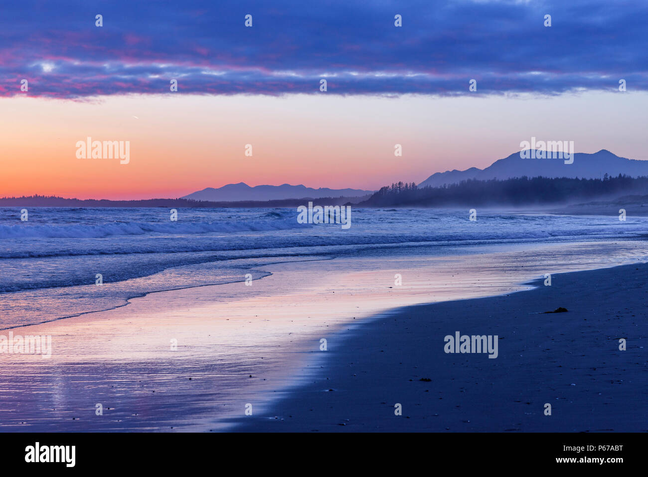 Sunset, Long Beach, Pacific Rim National Park, Vancouver Island, British Columbia, Canada. Stock Photo