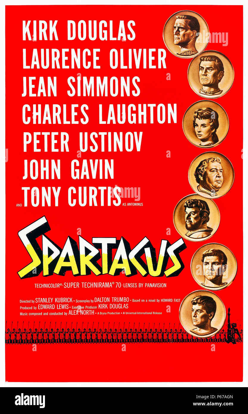 Spartacus (1960) directed by Stanley Kubrick and starring Kirk Douglas, Laurence Olivier, Jean Simmons, and Peter Ustinov. Spartacus leads a slave uprising against the tyranny of Rome. Stock Photo