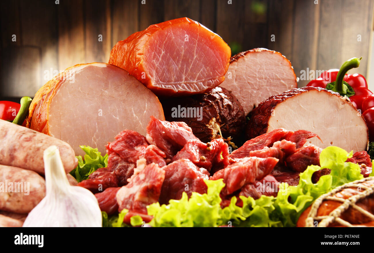 Variety of meat products including ham and sausages Stock Photo Alamy