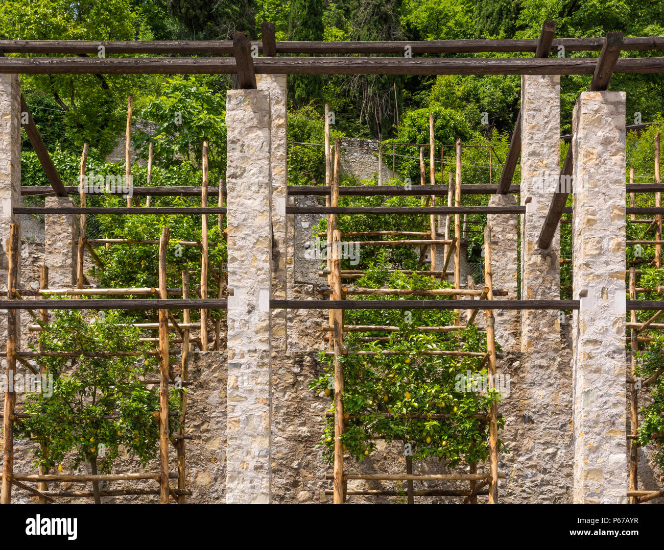 the pillars and walls of the lemon houses. Limone on Garda lake, Brescia, italy Stock Photo