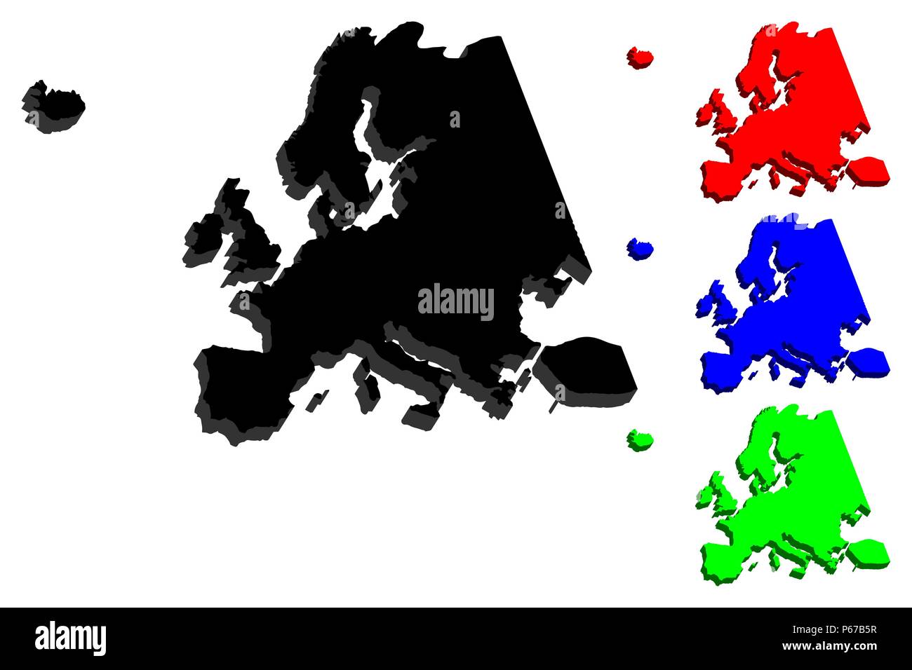 3D map of Europe continent black, red, blue and green vector