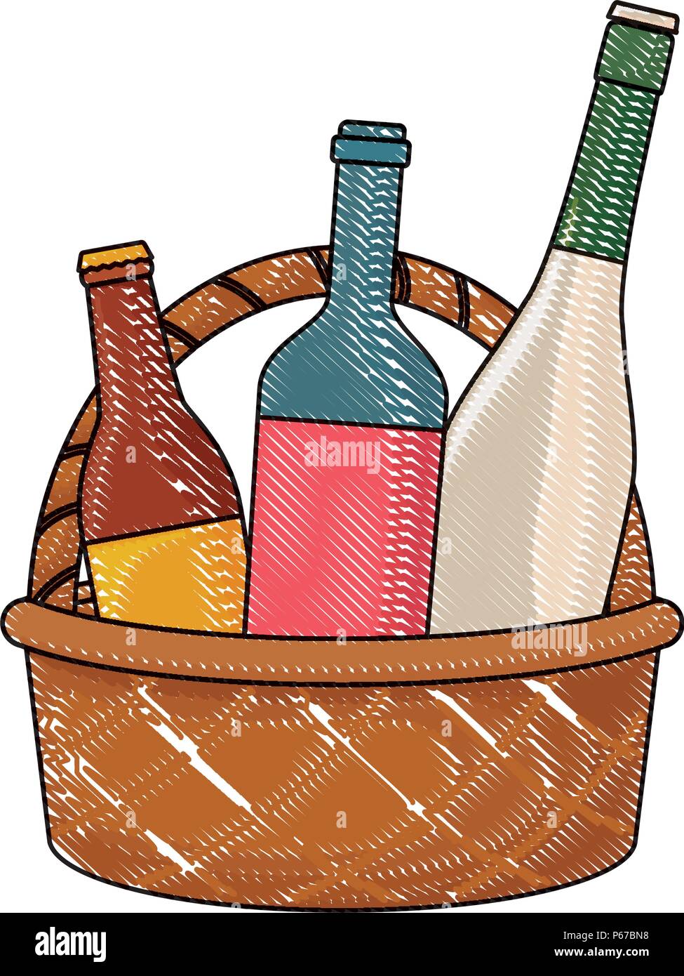 picnic basket with wine and beer bottles over white background, vector ...