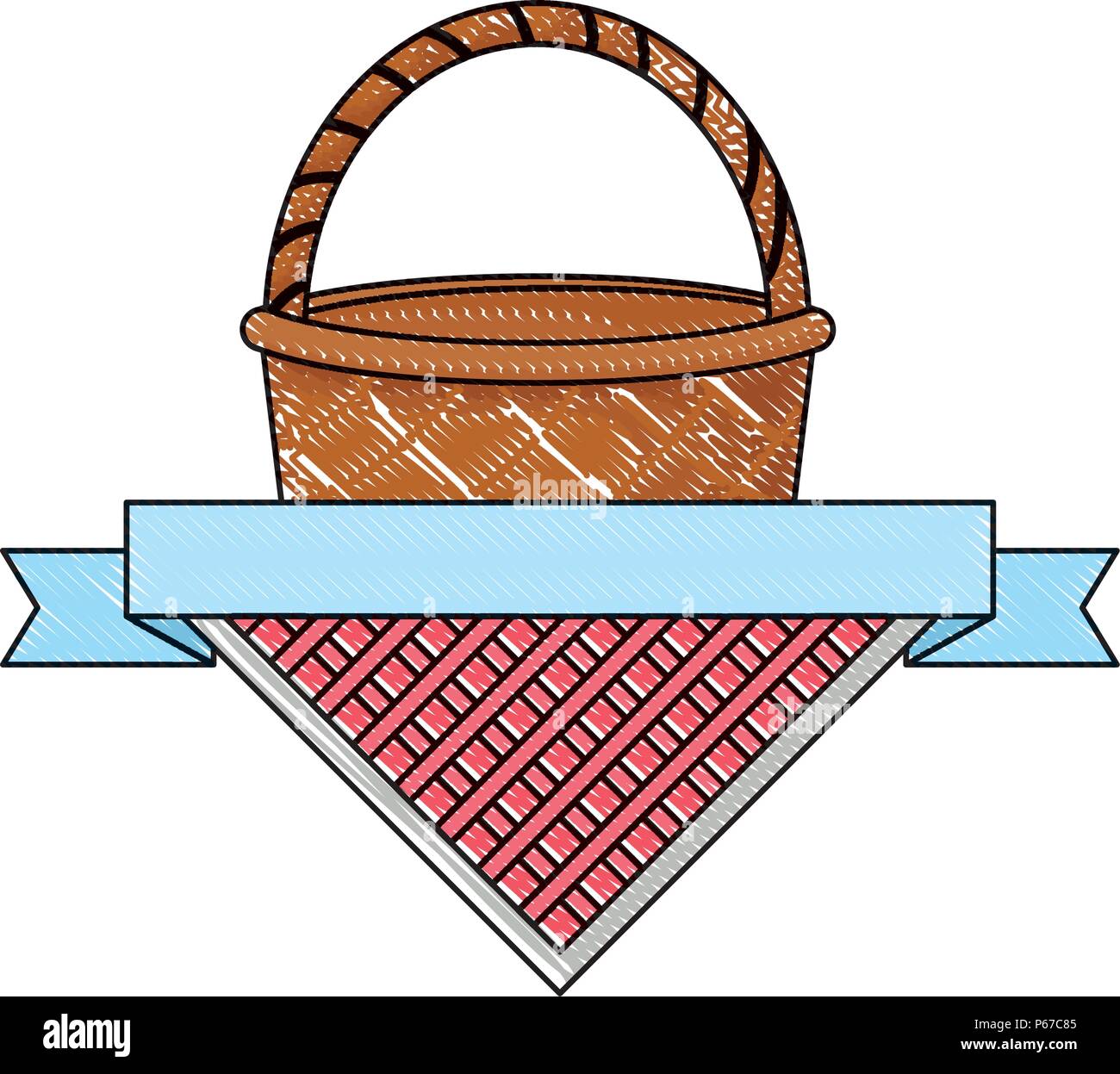 picnic emblem with picnic basket and decorative ribbon over white background, vector