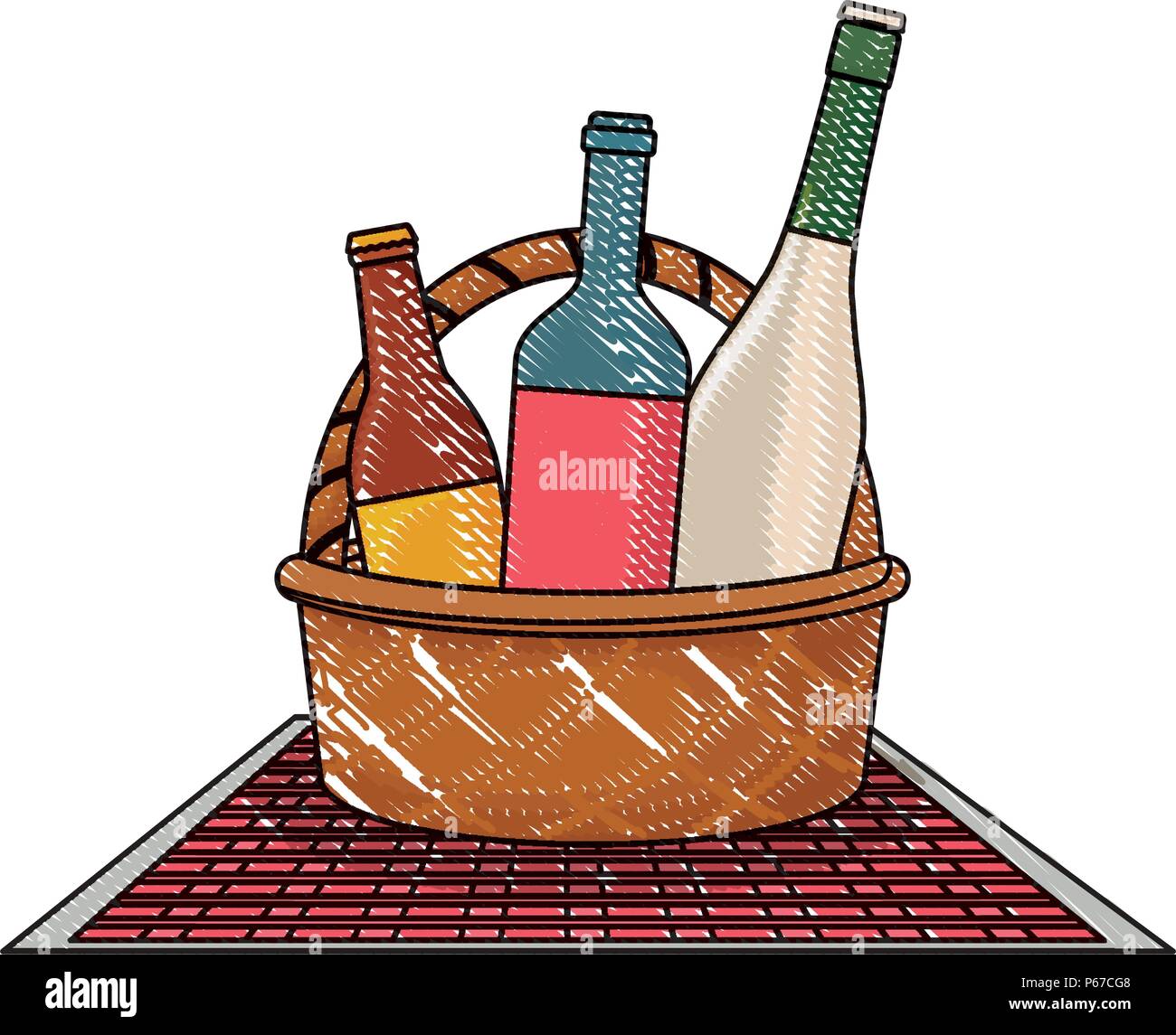 picnic basket with wine and beer bottles over white background, vector ...