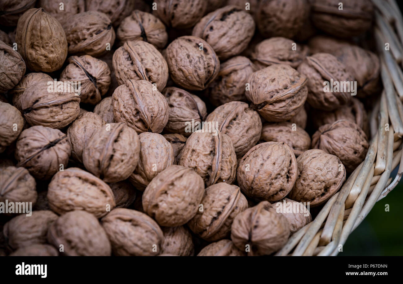 Background of a walnut in a wicker basket close-up Stock Photo