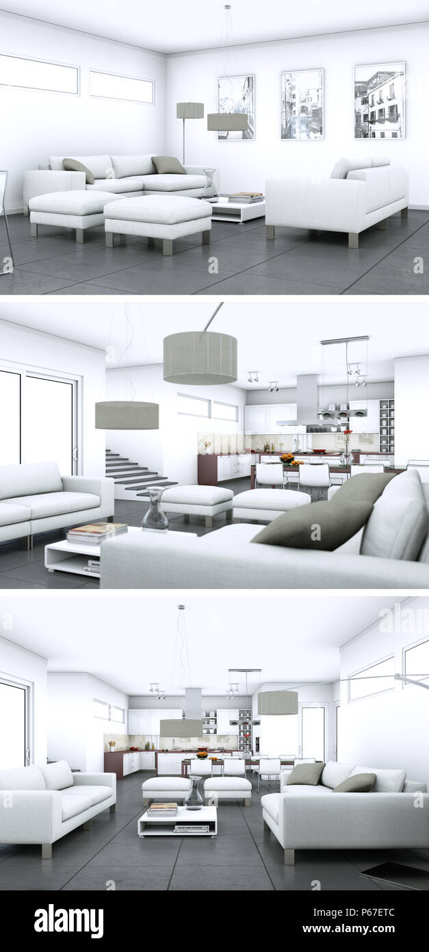 Three views of modern interior loft design Stock Photo - Alamy
