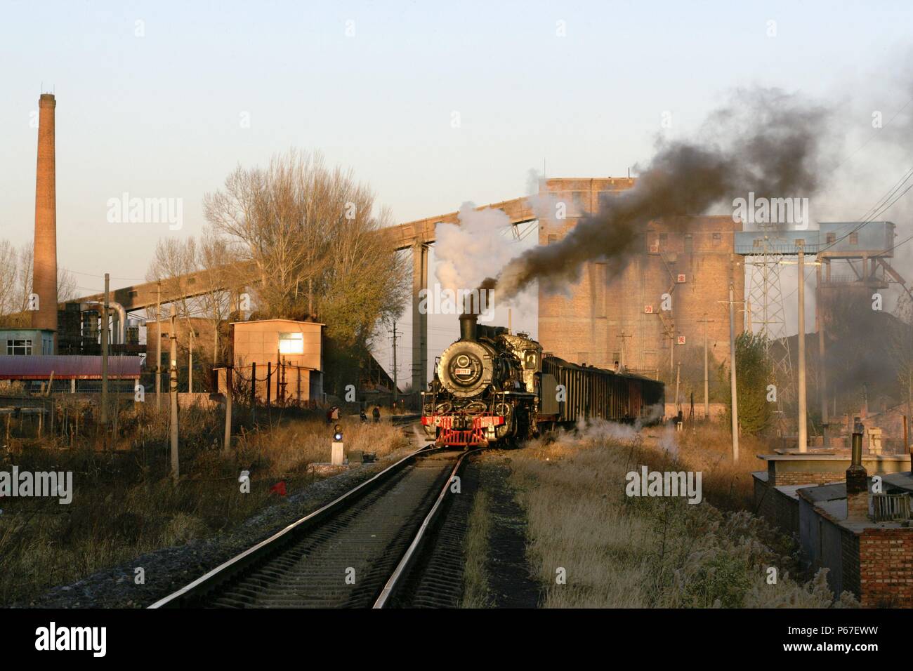 As evening shadows lengthen an SY 2-8-2 gently draws a rake of loaded coal wagons out of colliery No 3 on the Pingzhuang network in October 2006. Stock Photo