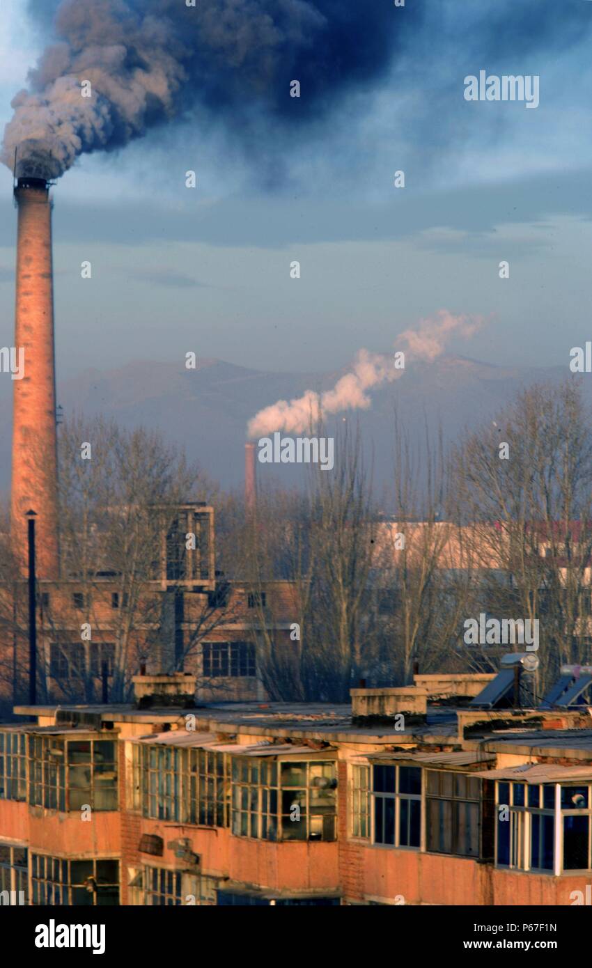 Boiler house chimneys in north eastern China. Stock Photo
