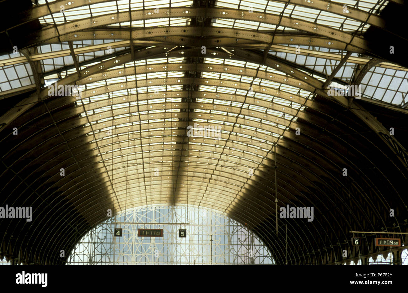 Brunel's fine trainshed roof at Paddington station in London. 2003 Stock Photo