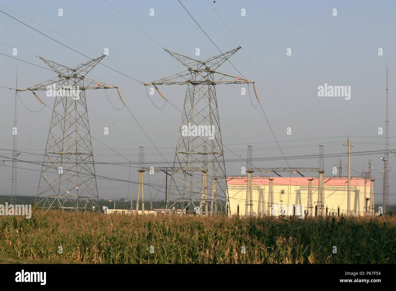 Building the new railway between Jinzhou and Qinghuangdao. Electric sub station at Jinzhou. September 2005. Stock Photo
