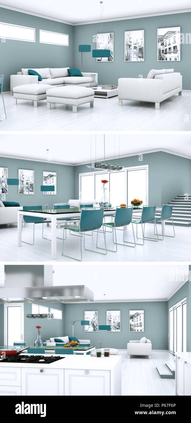 Three views of modern interior loft design Stock Photo - Alamy
