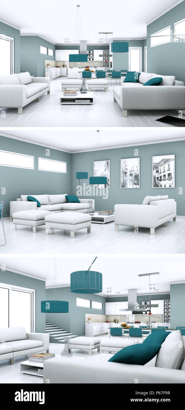 Three views of modern interior loft design Stock Photo - Alamy