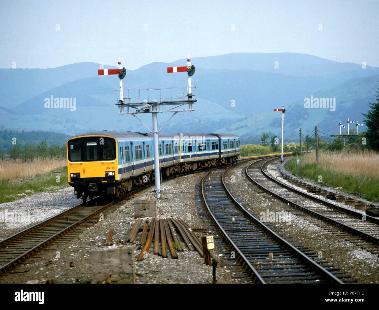 Dovey Junction. The 08.28 service from Birmingham for Pwllheli arrives at Dovey Junction Station. 27th May 1987. Stock Photo