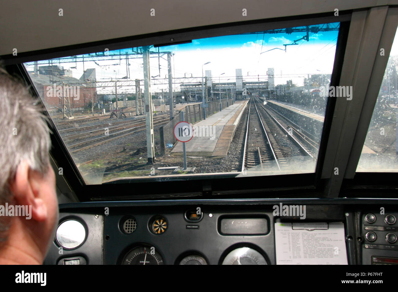 Driver's eye view from the cab of a Virgin Trains Class 90 electric