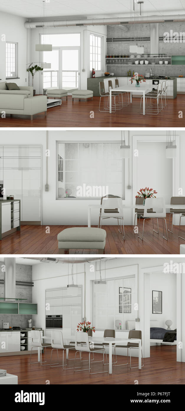 Three views of modern interior loft design Stock Photo - Alamy