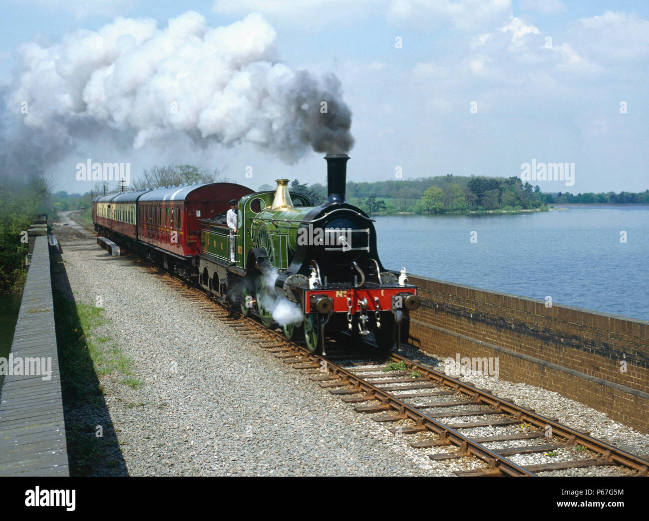 Great Central Railway. Sterling Single No1 crosses Swithland viaduct with the 11:55 ex Loughborough for Rothley. 08.05.1982. Stock Photo