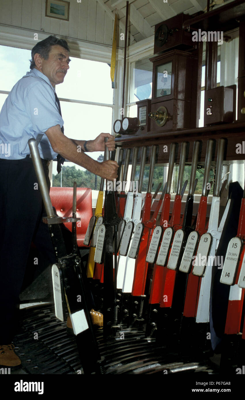 Interior of old signal box with signalman operating points lever. C1992 Stock Photo