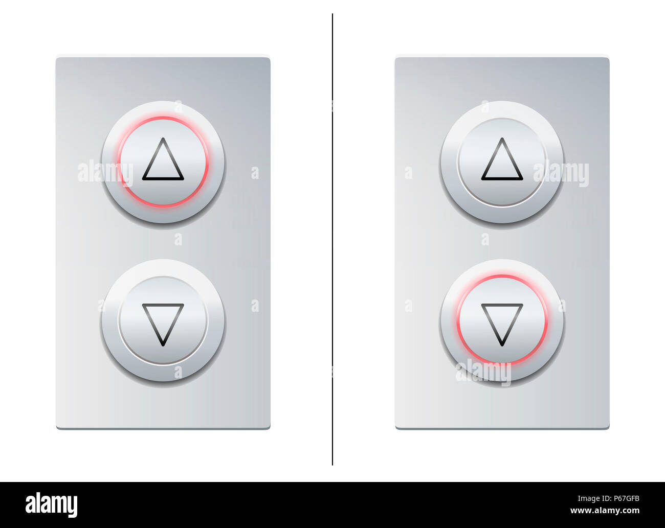 Lift call buttons with arrows to choose upwards or downwards - illustration on white background. Stock Photo