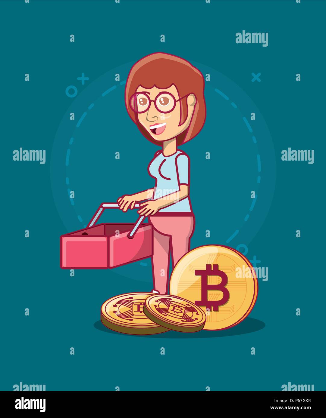 Token Store Cartoon cartoon man holding a shopping basket and cryptocoins over blue ...