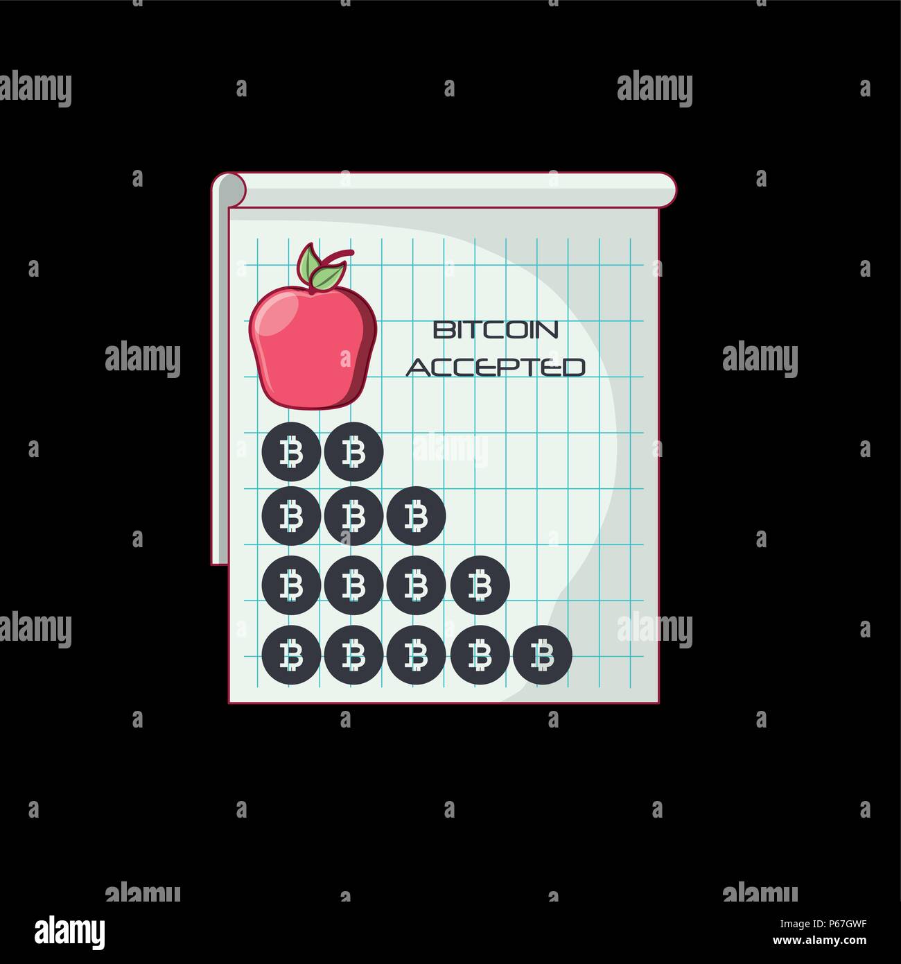notepad with bitcoin accepted design with bitcoin coins over black ...