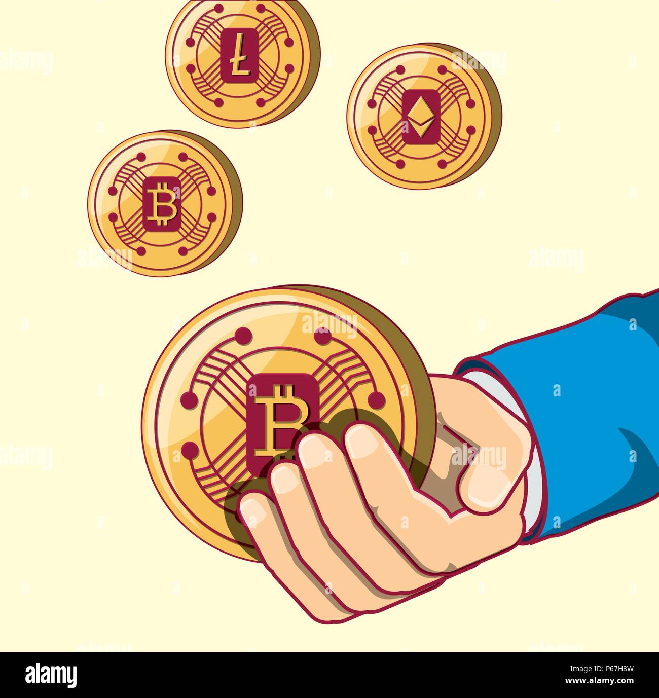 hand with bitcoin coins over yellow background, colorful design. vector ...